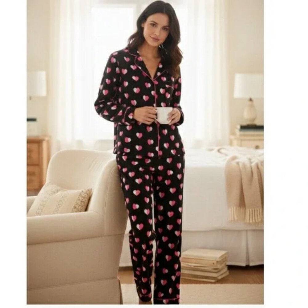 Kate Spade New York Heart Pajama Lounge Set Black Pink White Size S NWT